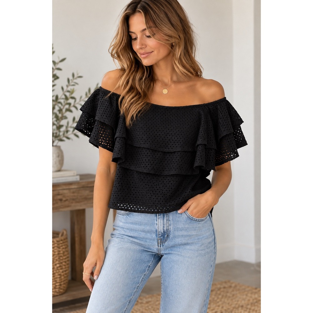 Banana Republic Lace Off The Shoulder Ruffle Tiered Top Black Eyelet Size Small